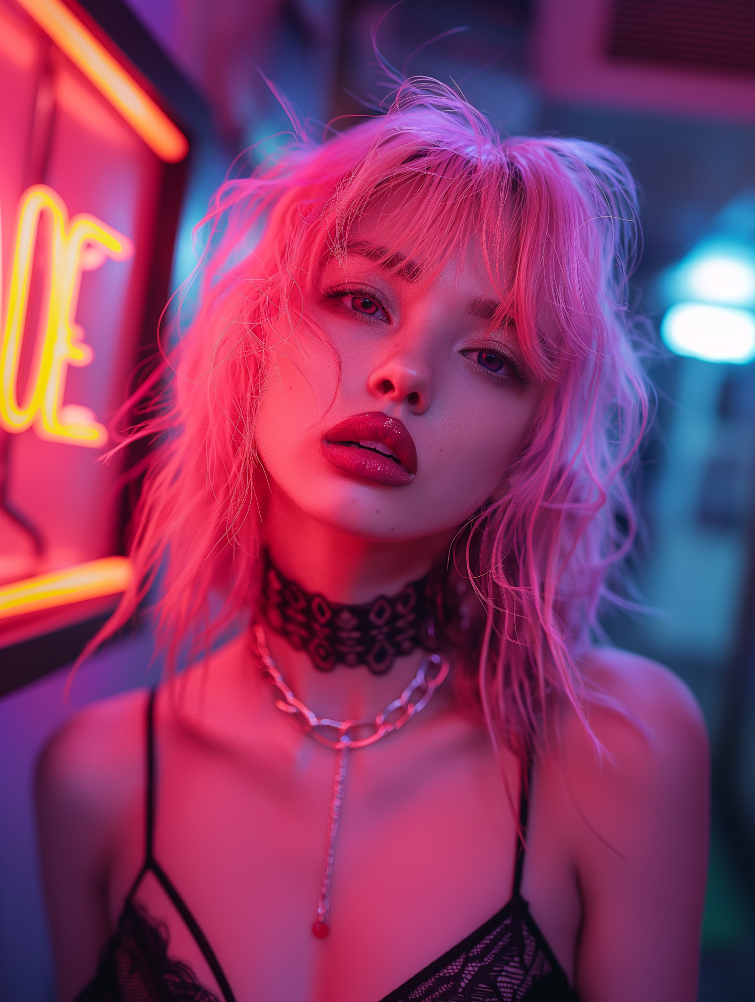 Neon Portrait of Fashionable Young Woman