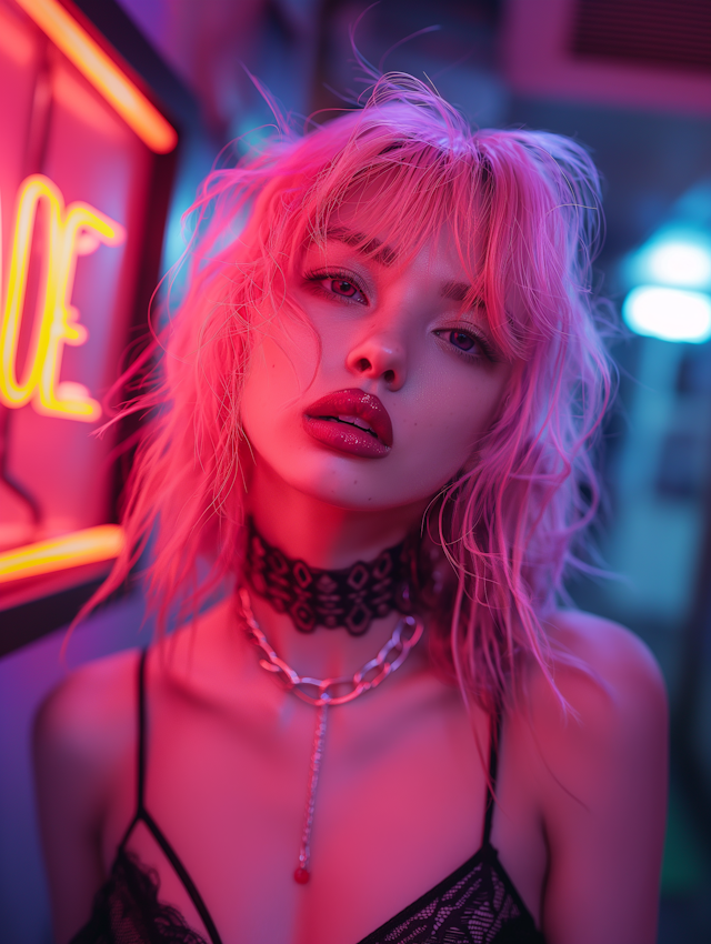 Neon Portrait of Fashionable Young Woman