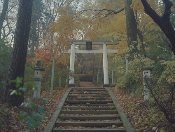 Autumnal Japanese Park with Torii Gate