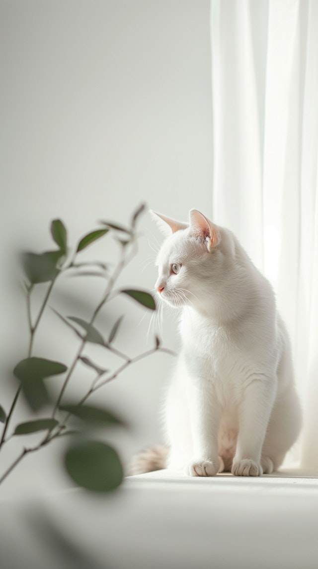 Serene White Cat and Green Plant