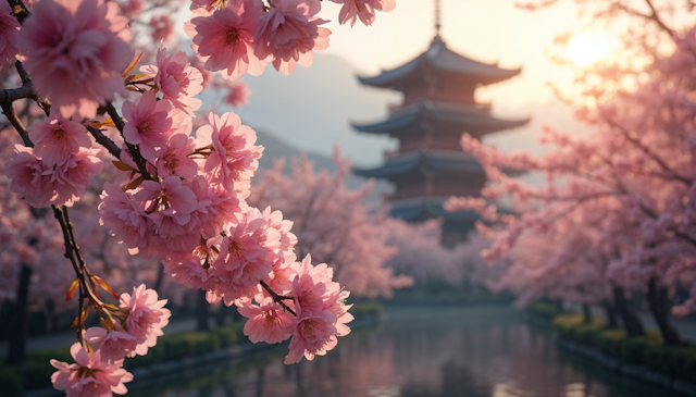 Cherry Blossoms in Tranquil Japanese Garden