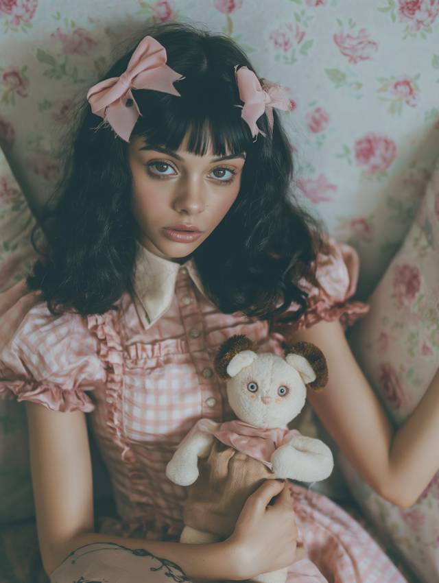 Vintage Aesthetic Portrait of Young Woman with Plush Bear