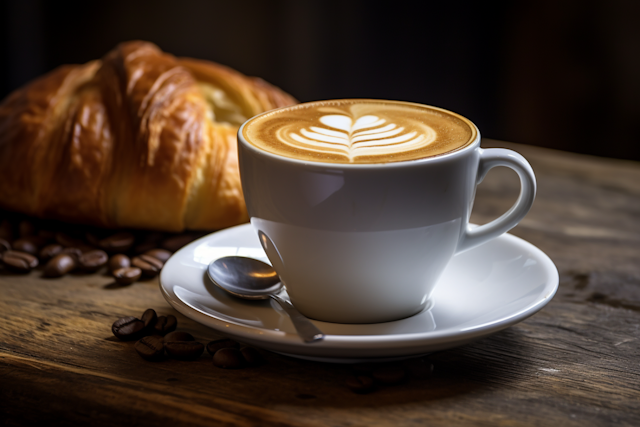 Latte Art Elegance with Rustic Croissant Charm