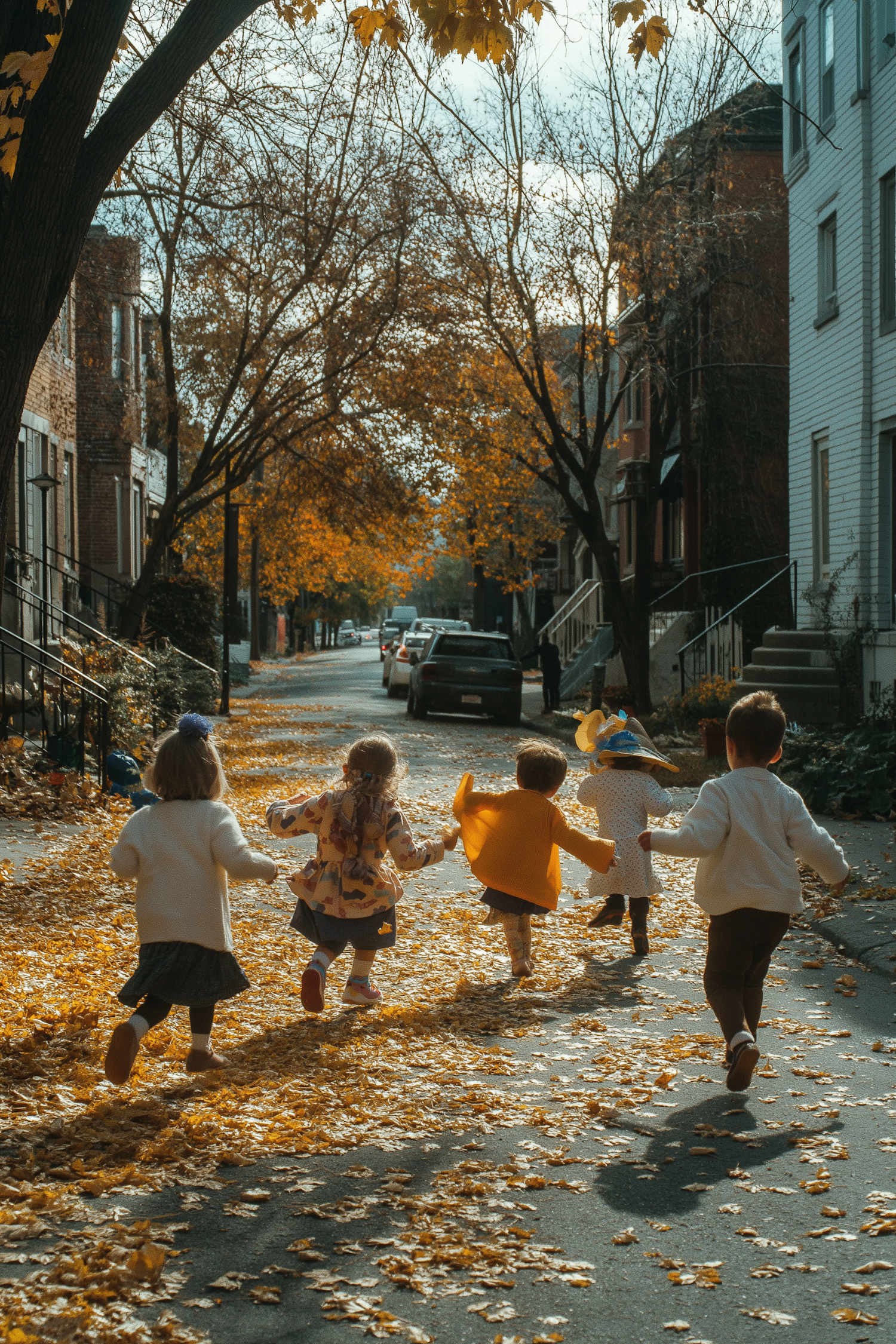 Children Running Down Tree-Lined Street in Autumn