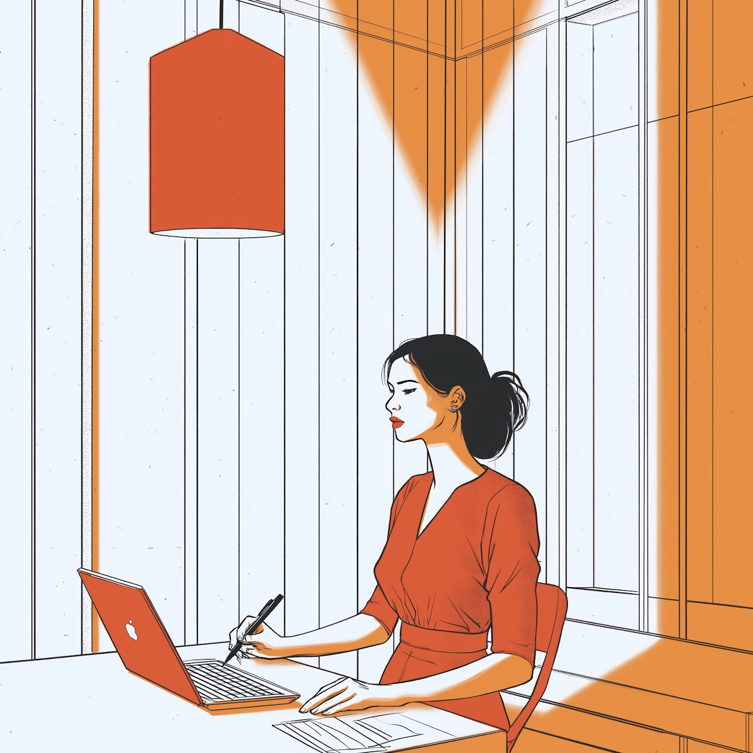 Woman in Red Dress at Office Desk