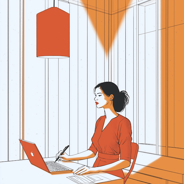 Woman in Red Dress at Office Desk