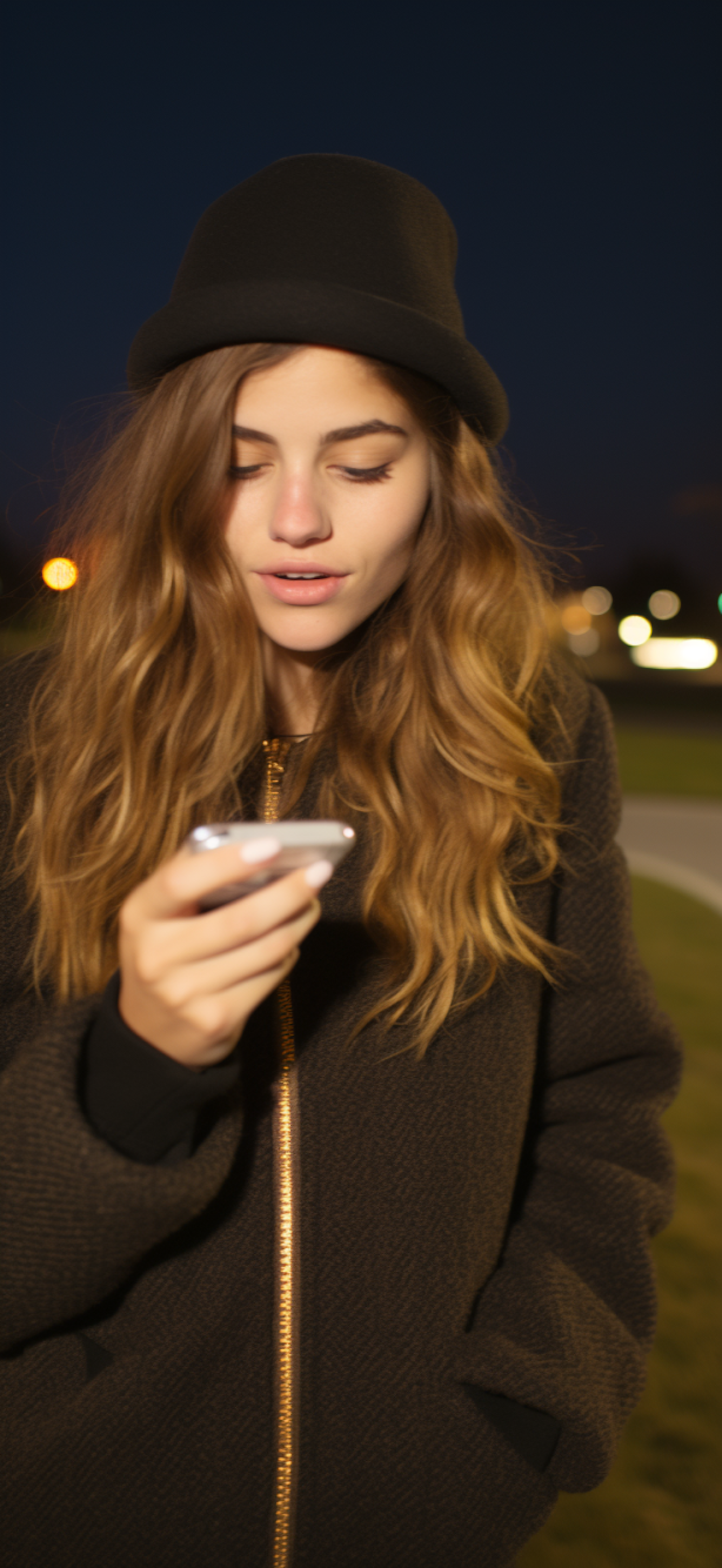 Nighttime Serenity: Young Woman Engrossed in Her Smartphone