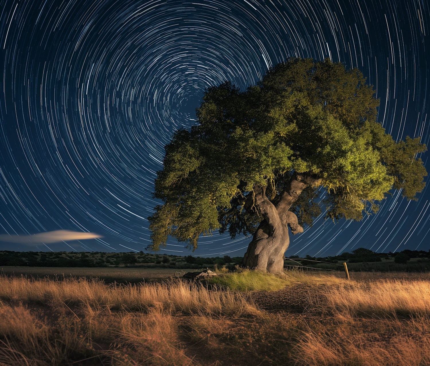 Starry Night with Illuminated Solitary Tree