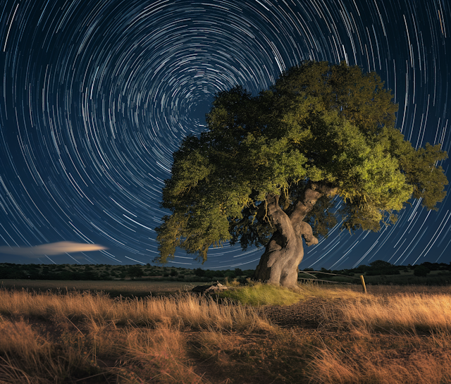 Starry Night with Illuminated Solitary Tree