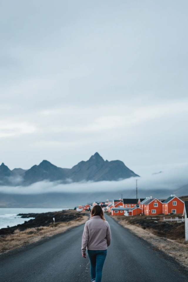 Solitary Walk Towards Orange Houses