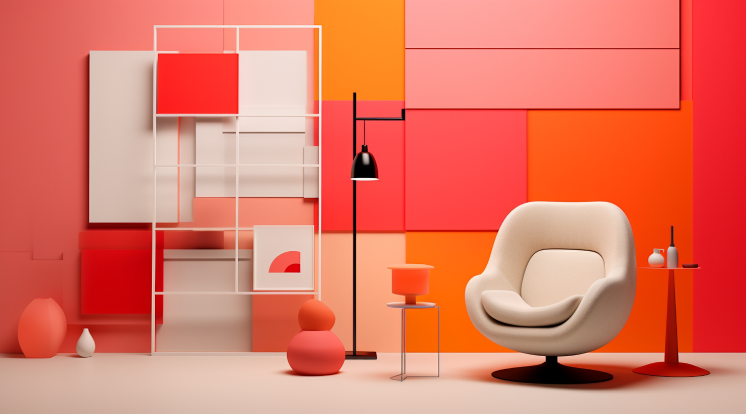 Contemporary Warmth: Modern Interior with Vibrant Color Accents and Beige Armchair