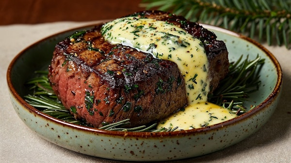 Gourmet Steak with Herb Butter in Ceramic Dish