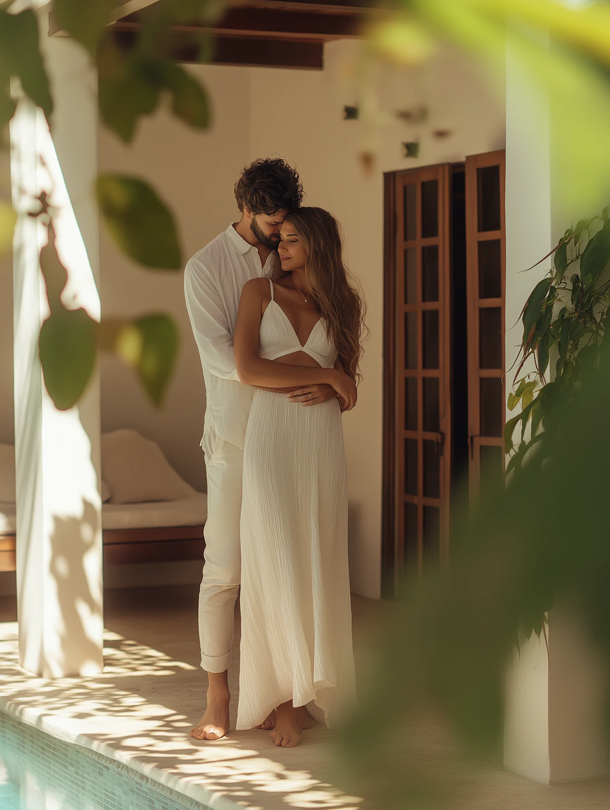 Romantic couple by the pool at golden hour