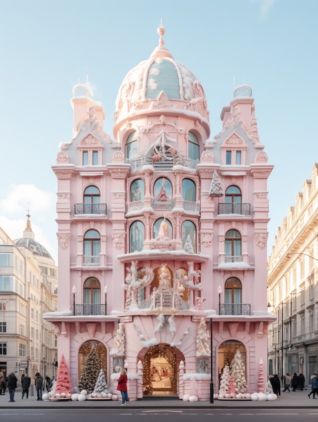 Ornate Pink Building with Christmas Decor