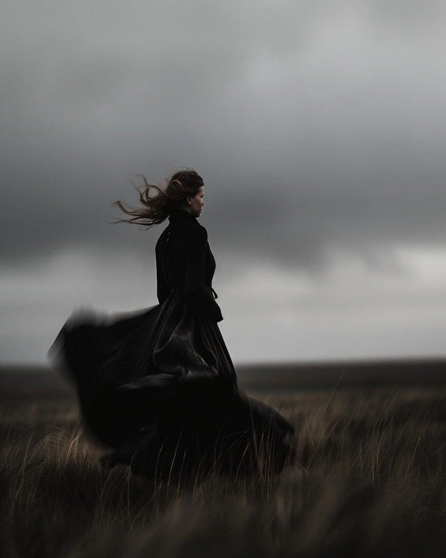 Woman in Black Coat Walking Through Tall Grass