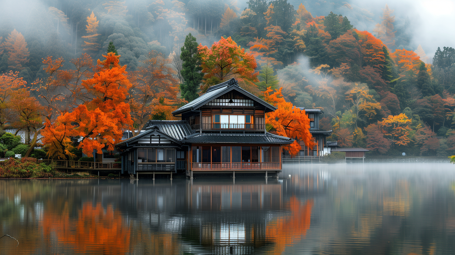 Serene Autumn Lakeside with Traditional Japanese House
