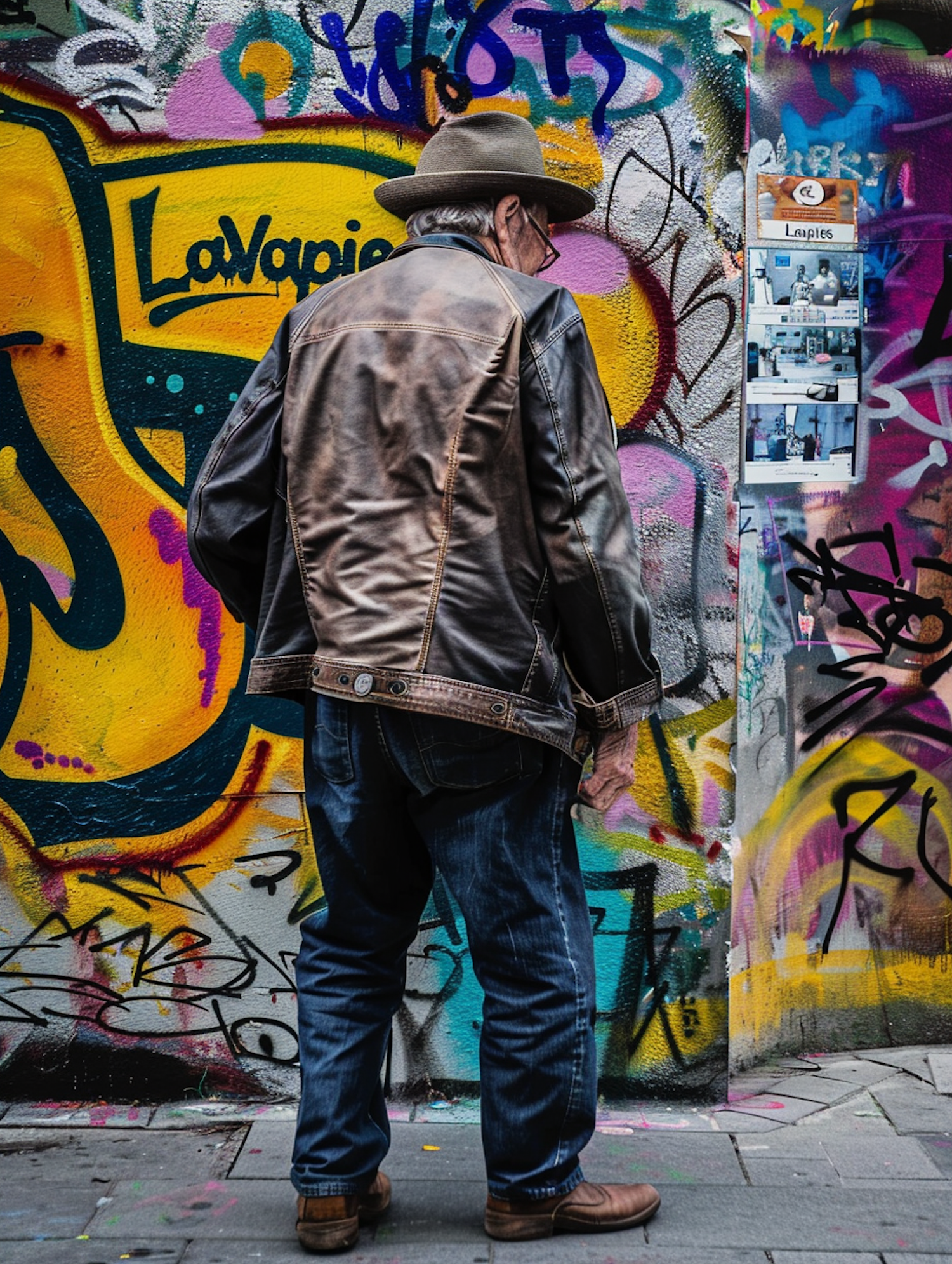 Elderly Man Contemplating Urban Graffiti