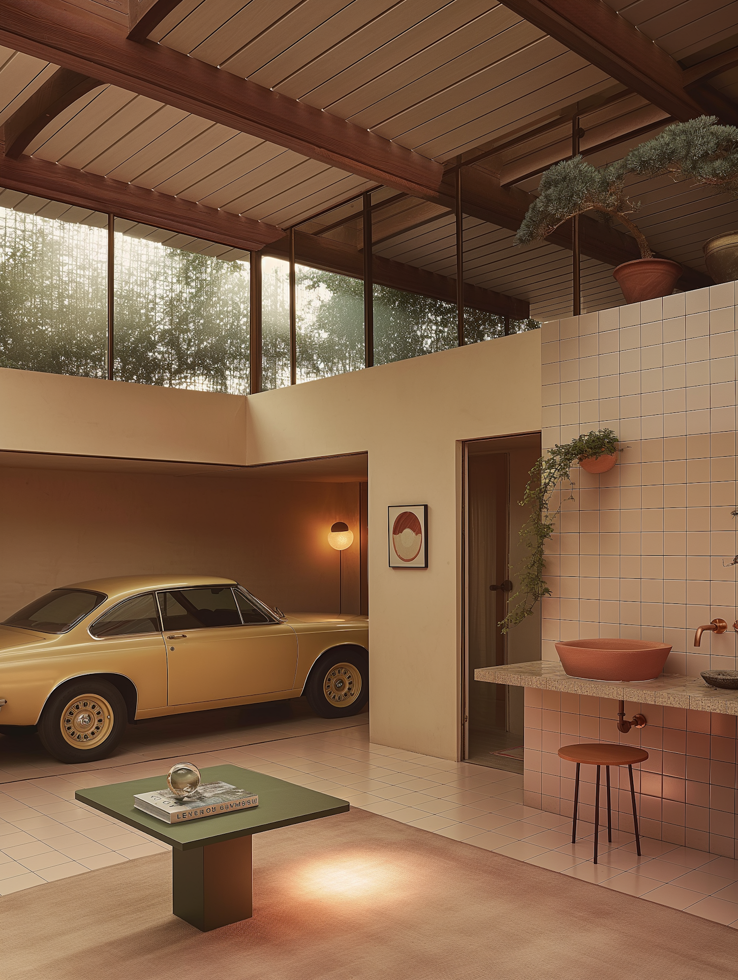 Stylish Modern Interior with Classic Car Display