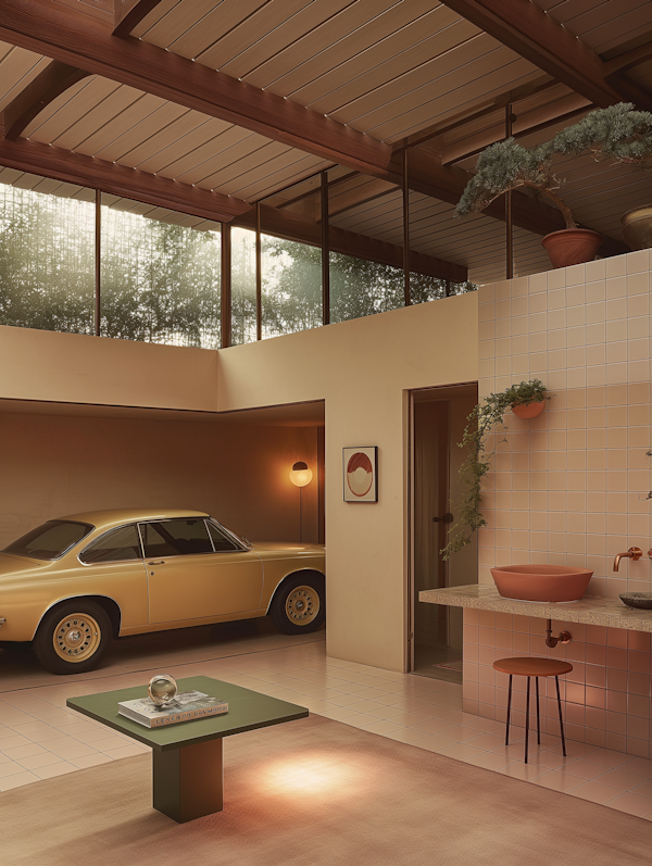 Stylish Modern Interior with Classic Car Display