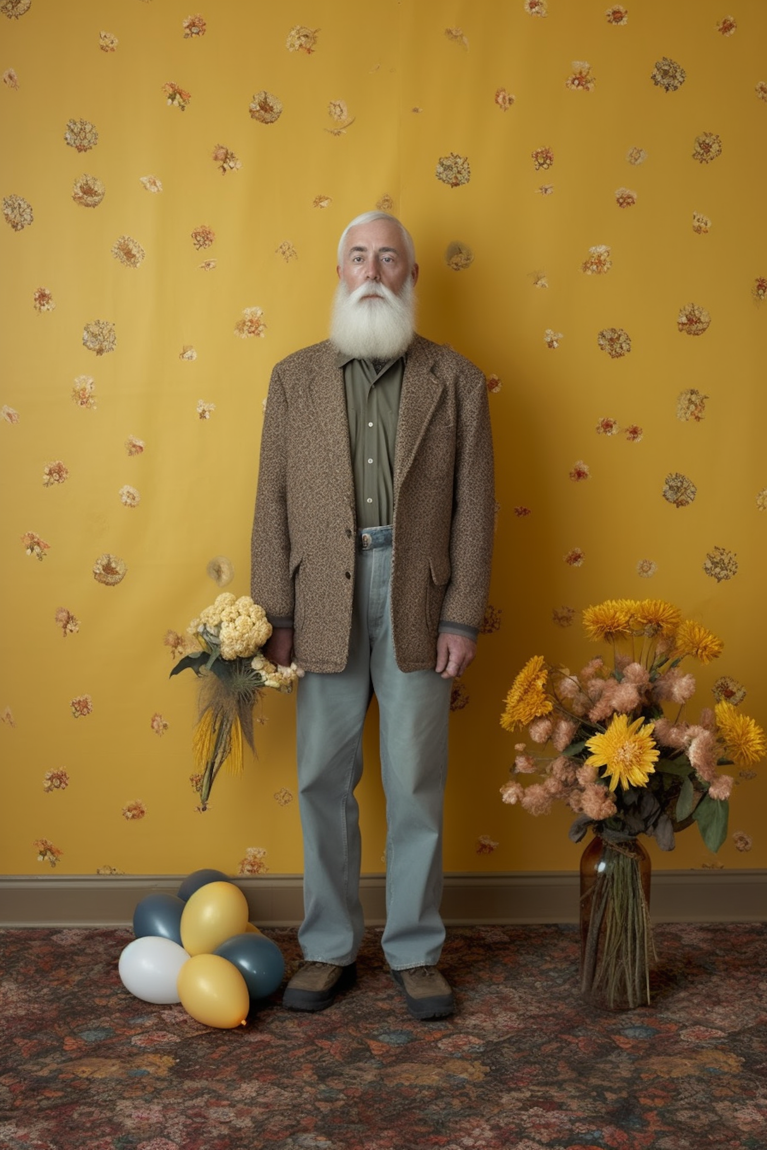 Elderly Man Against Floral Wall