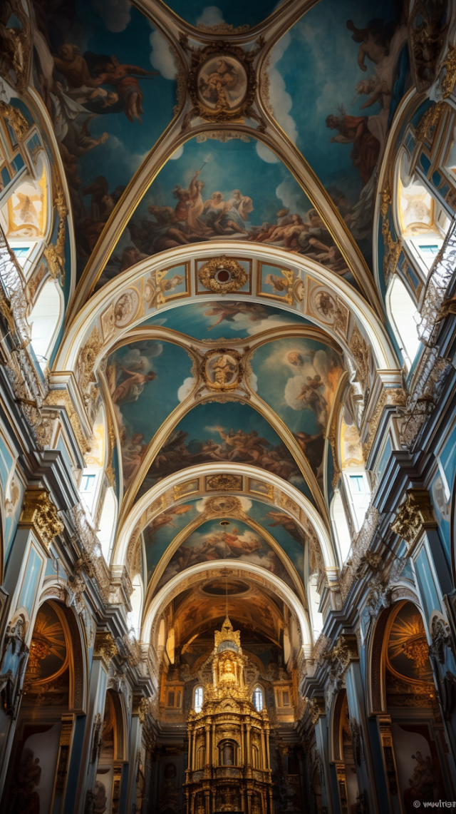 Baroque Cathedral Interior with Gilded Altar