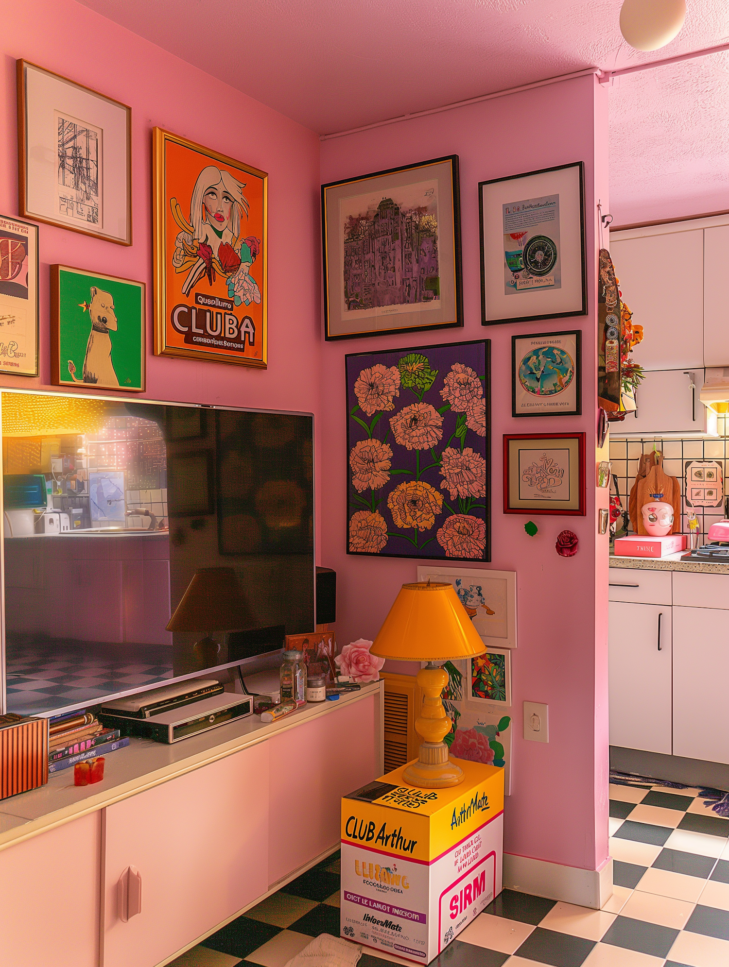 Eclectic Pink-Themed Room with Artworks