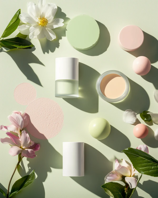 Cosmetic Products and Flowers on Pastel Background