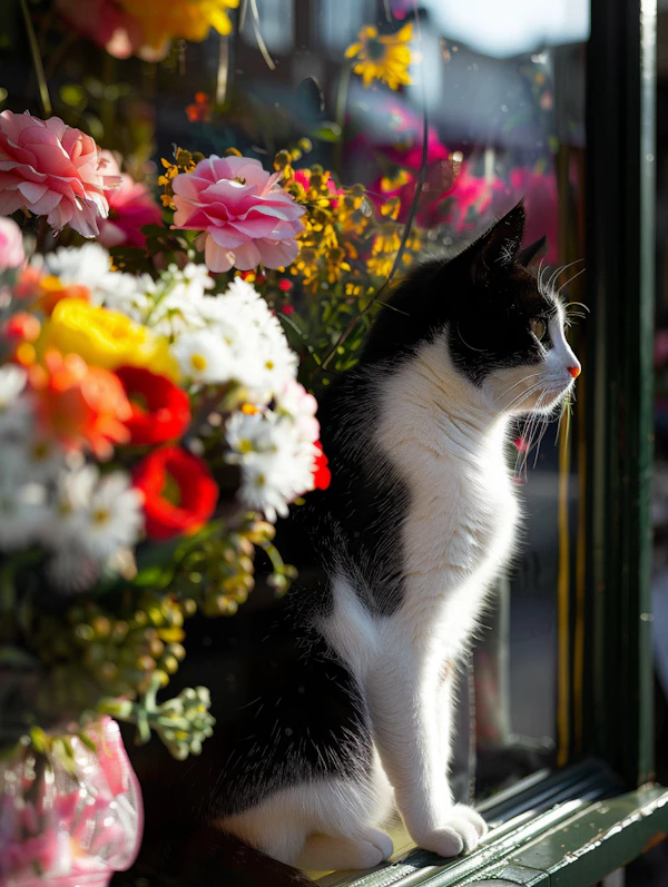 Tranquil Cat Amidst Colorful Flowers