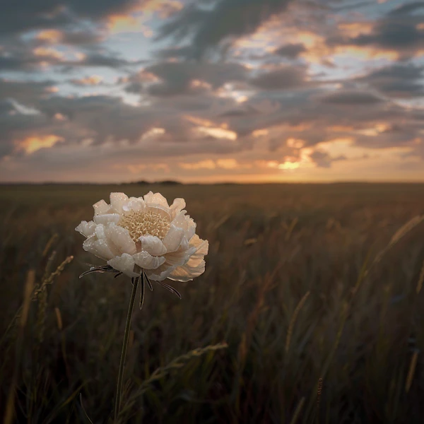 Serene Sunset with Dew-Kissed White Flower