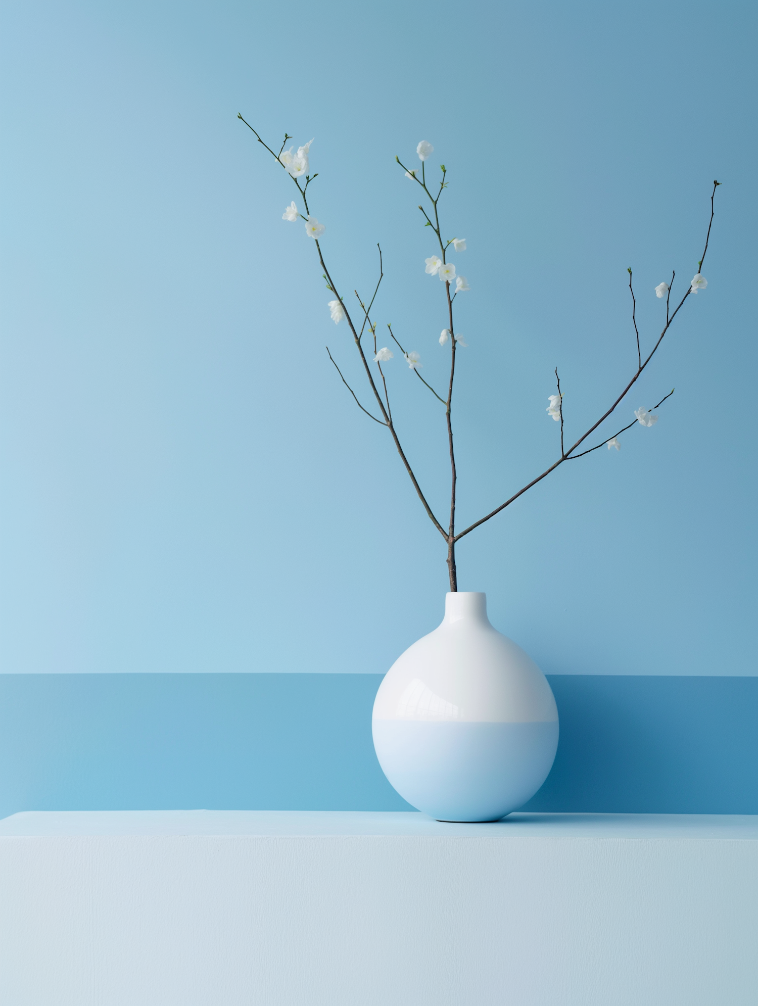 Minimalist Blue Vase with White Blossoms