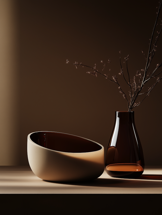 Minimalist Still Life with Ceramic Bowl and Glass Vase