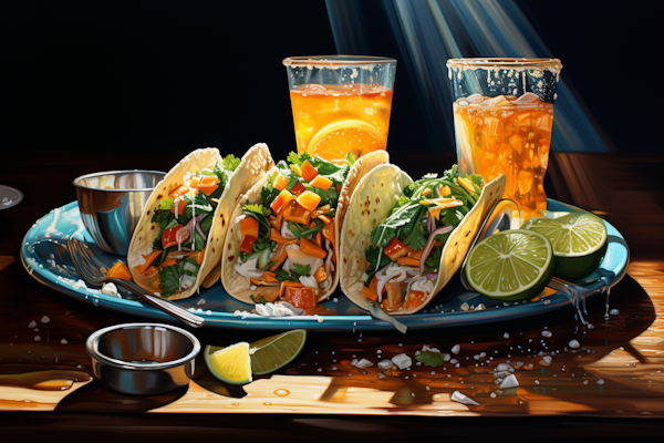 Freshly Served Mexican Fiesta with Trio of Tacos and Citrus Drinks