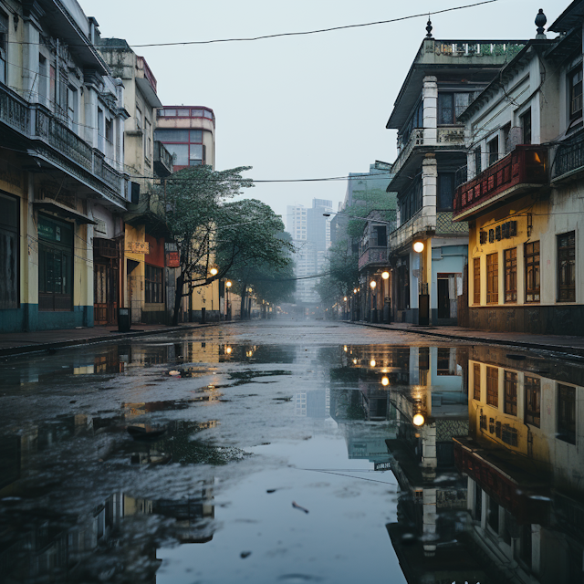 Rain-Kissed Reflections on an Ancient Street