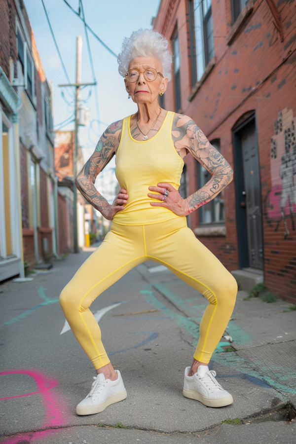 Elderly Woman with Tattoos in Athletic Outfit on City Street