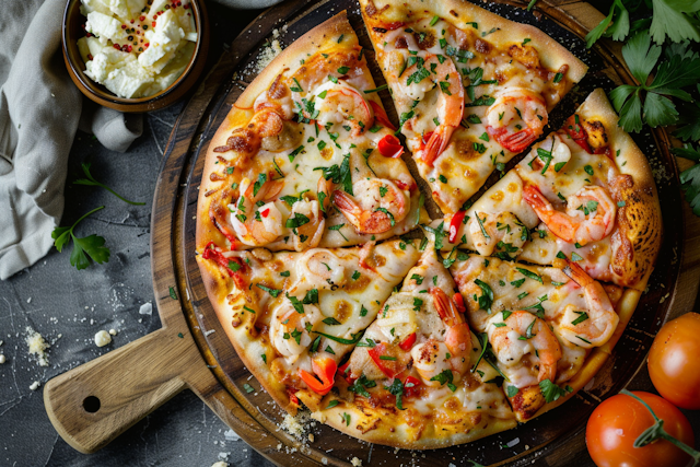 Seafood Pizza on Rustic Wooden Board