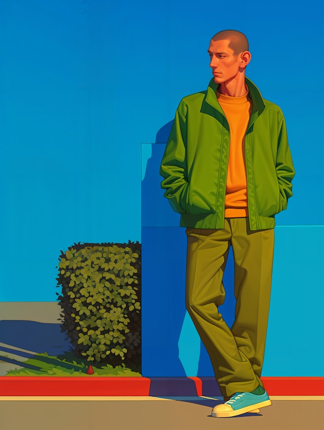 Man Leaning Against Blue Wall