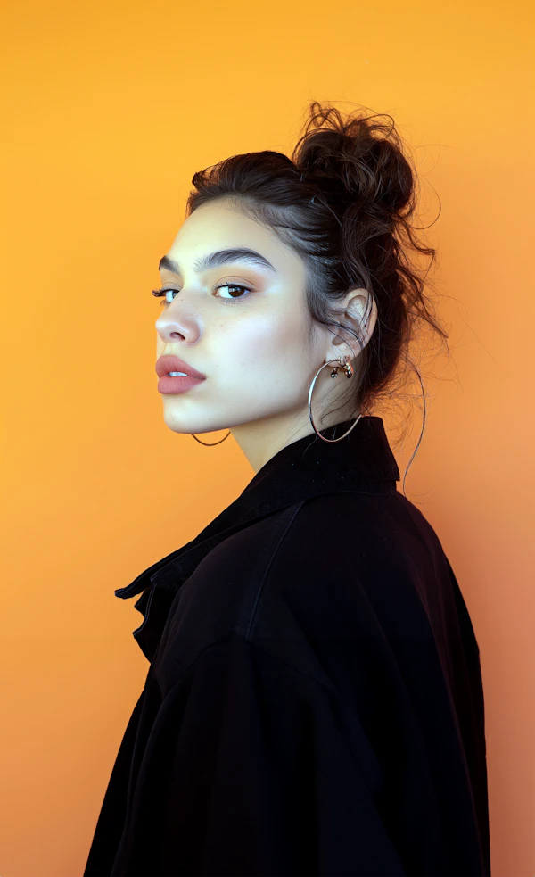 Contemplative Woman with Minimalist Makeup on Orange