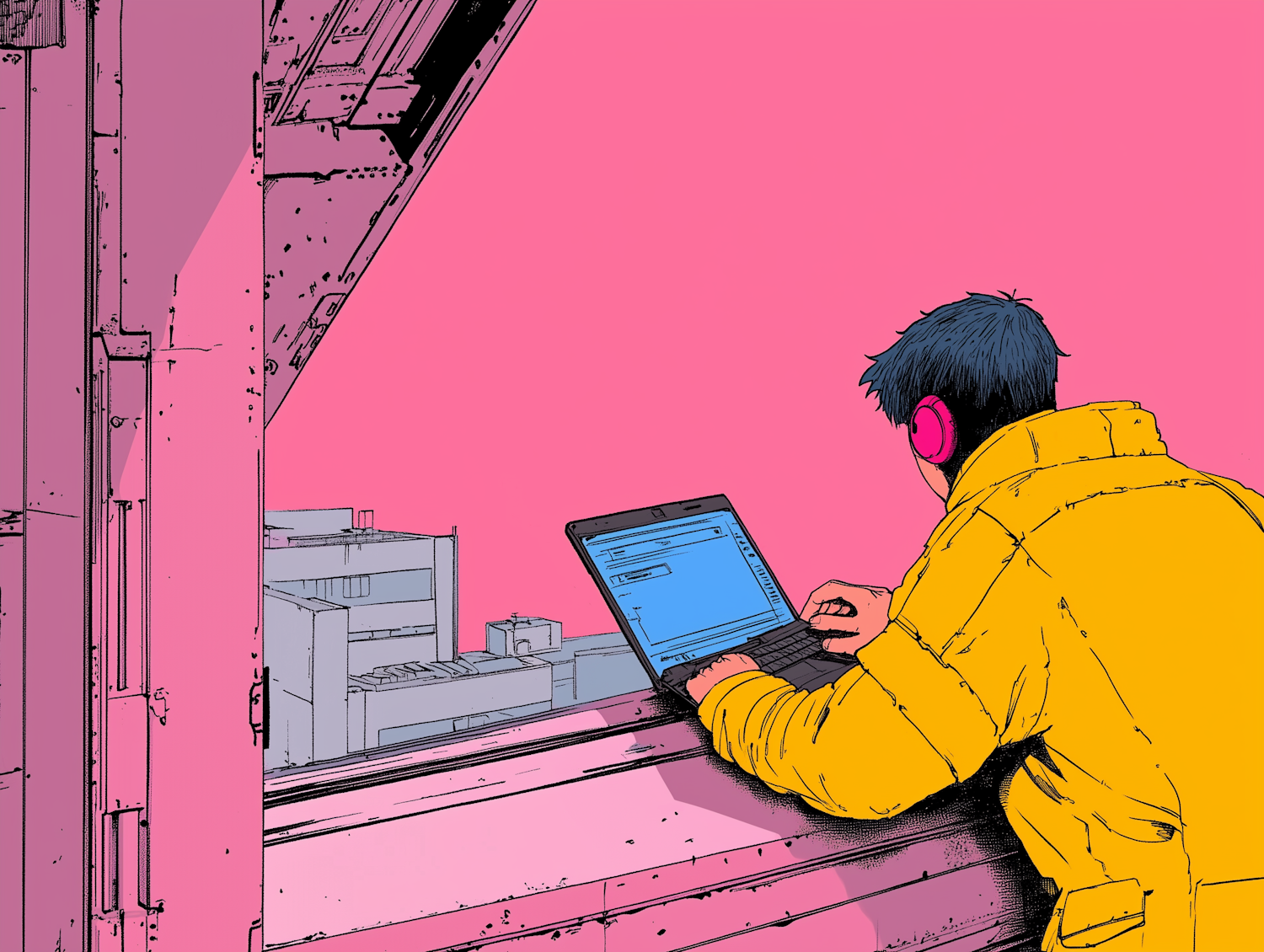 Person in Yellow Jacket with Pink Headphones Working on Laptop