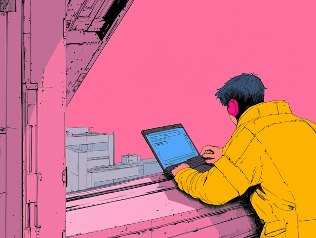 Person in Yellow Jacket with Pink Headphones Working on Laptop