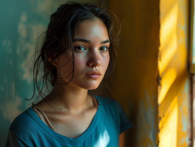 Pensive Freckled Girl with a Serene Glow