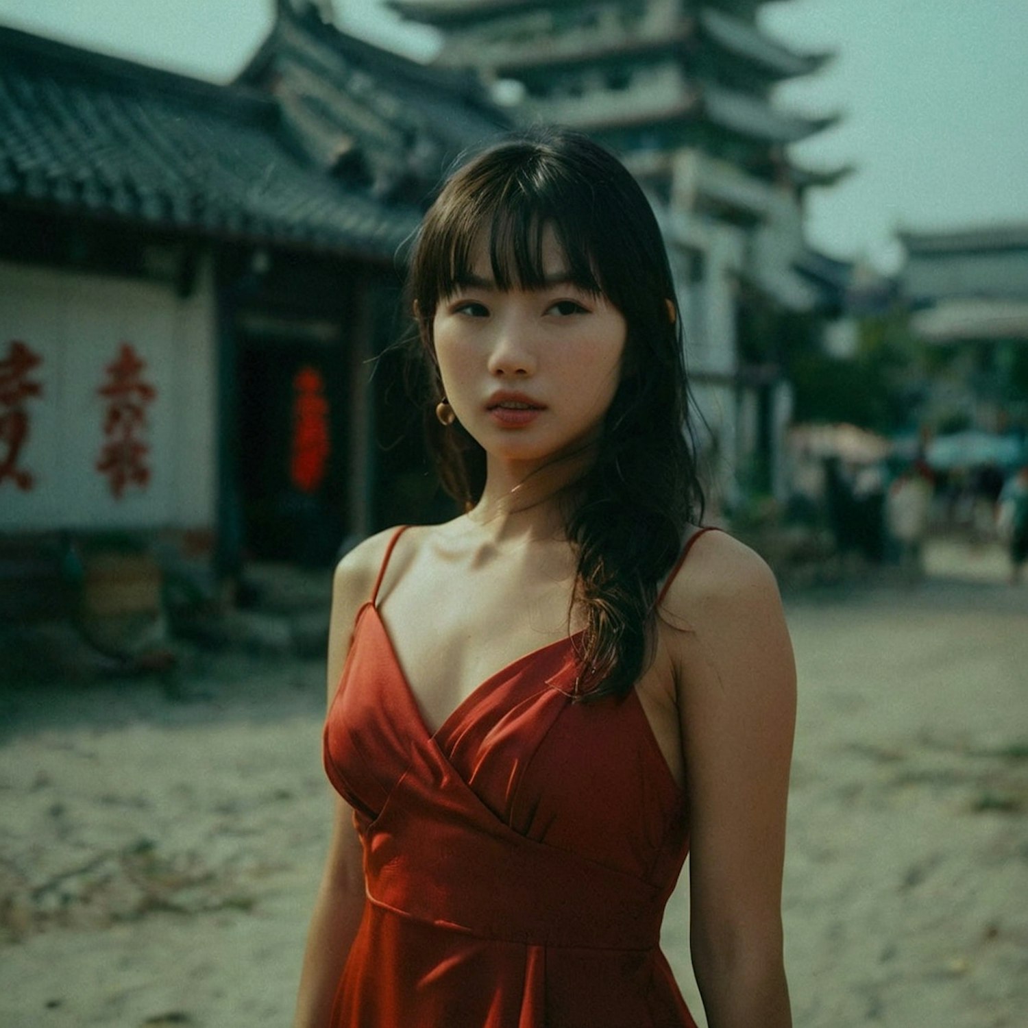 Woman in Red Dress in Traditional Setting