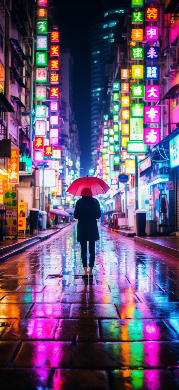 Neon Nocturne with Red Umbrella