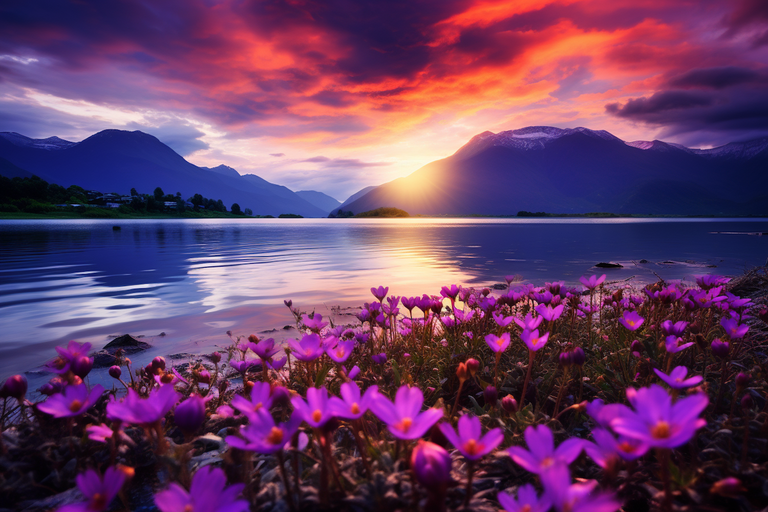 Serene Lake Sunset with Purple Wildflowers