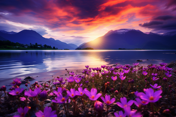 Serene Lake Sunset with Purple Wildflowers