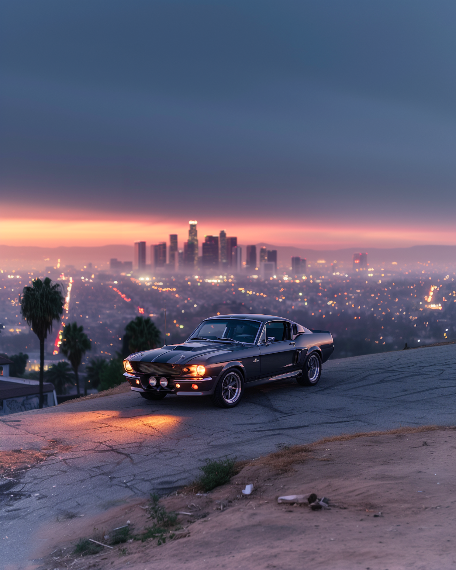 Vintage Muscle Car Overlooking Twilight Cityscape