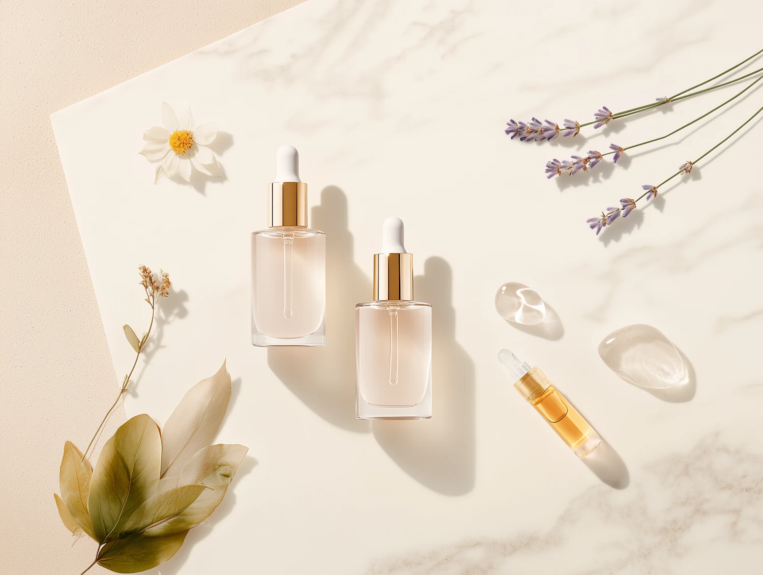 Elegant Glass Dropper Bottles with Botanical Elements