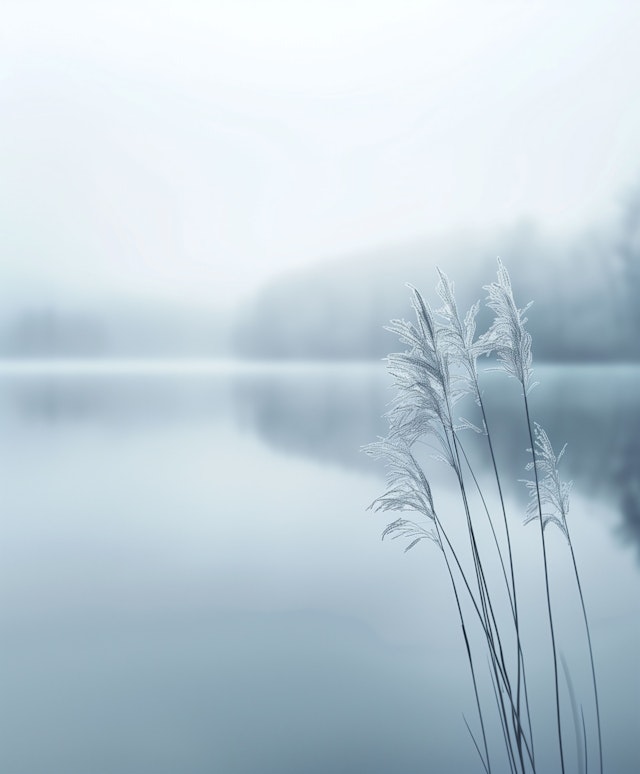 Serene Frost-Covered Grasses by the Lake