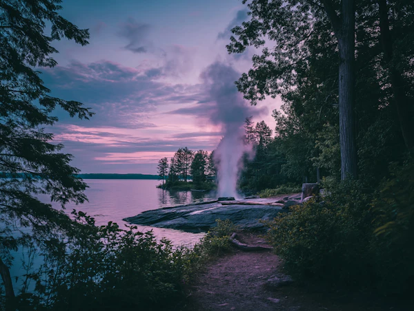Twilight Lakeshore Geyser Serenity