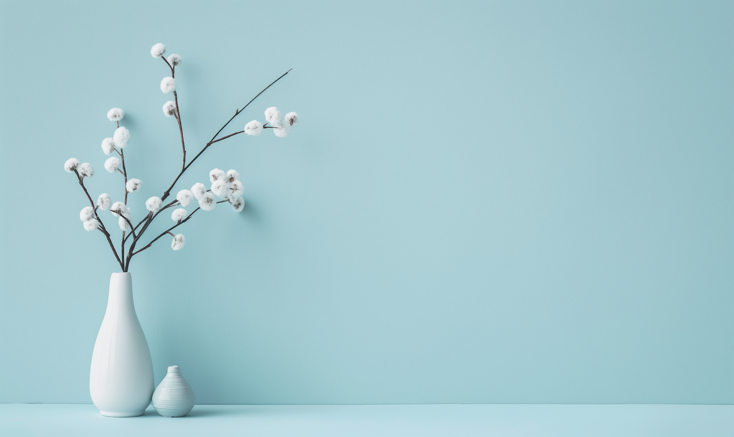 Minimalist Pastel Blue Composition with Ceramic Vases and Cotton Branches