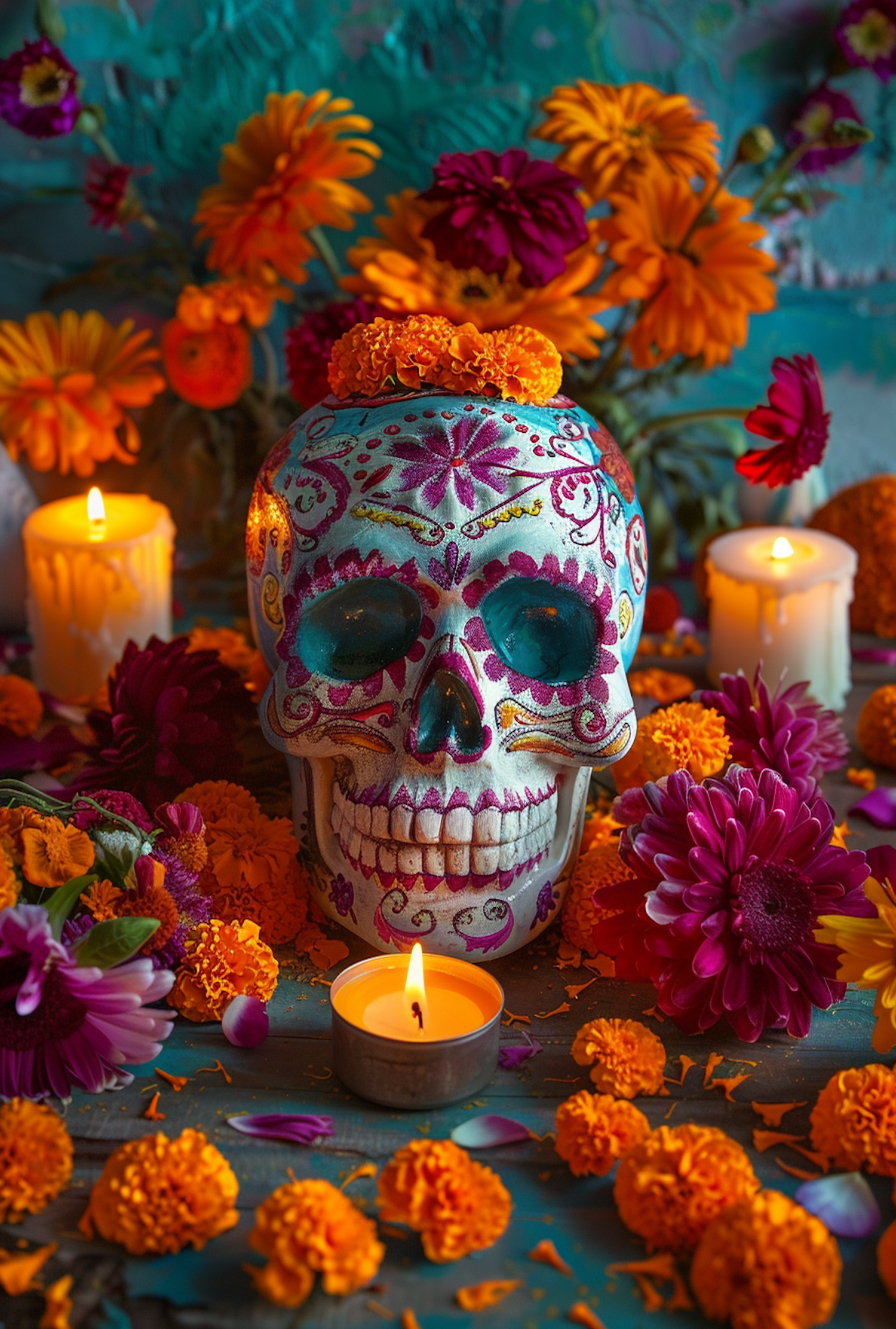 Vibrant Day of the Dead Altar with Decorated Skull